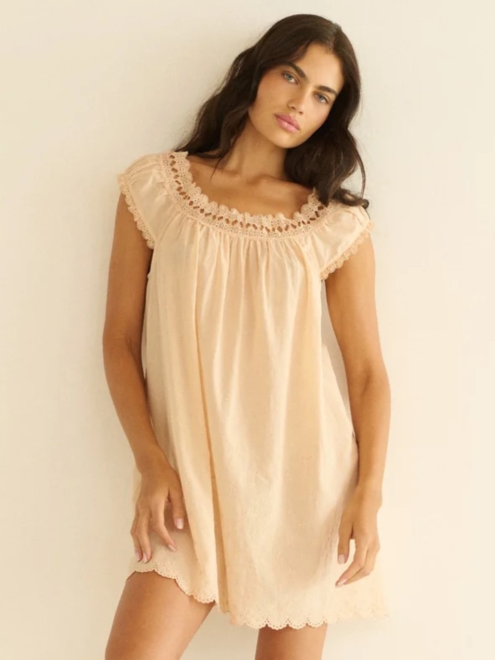 Doen Lelia Cotton Eyelet Short Sleeve Mini Nightgown DressPeach Sorbet Pink